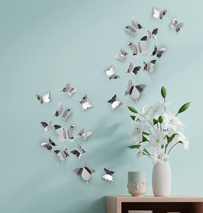 Silver Butterfly Wall Decals - 24 Pcs, Bedroom Wall Decor, Aesthetic Butterflies Stickers for Room Decor