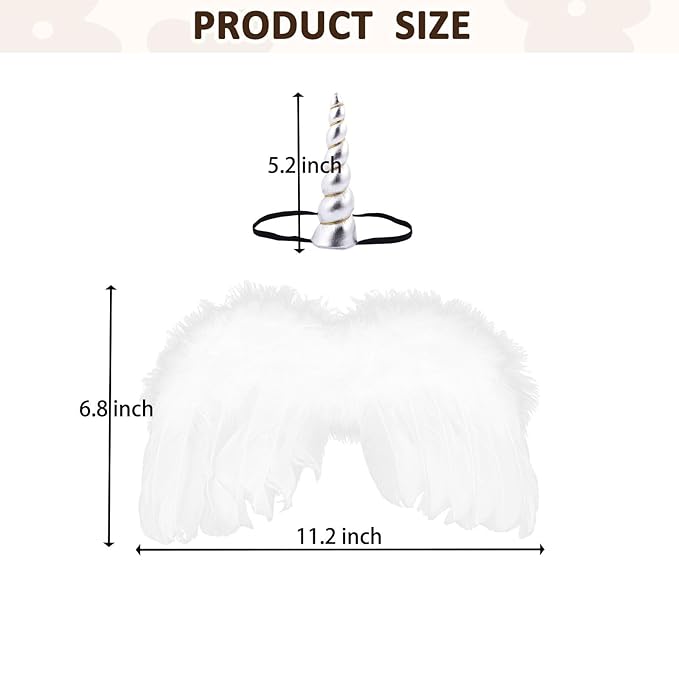 2PCS White Angel Wings With Silver Unicorn Headband For Newborn Infant Photography Props Soft Fairy Feather Wings For Toddlers Kids Girls Gifts(Color E, One Size)