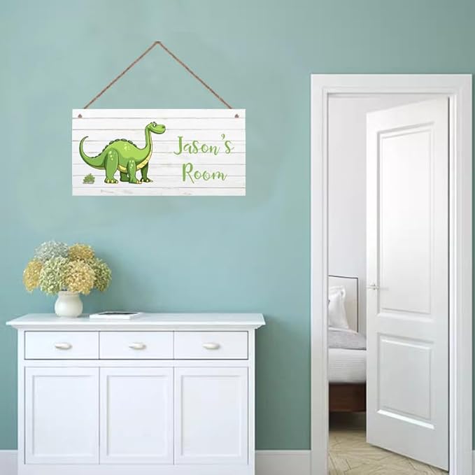 Personalized Dinosaur Sign, Cute Cartoon Art For Kids Room Custom Name Door Wall Decor, Floral Nursery Art Plate For Boys Room Girls Bedroom Little Man Cave