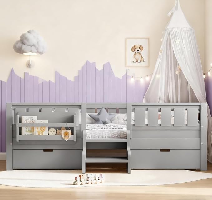 Bellemave Full Size Kids Bed with high Rails and with Built-in Bookshelf and Drawers for Kids, Girls, Boys, Wood Montessori Bed Without Door, Gray