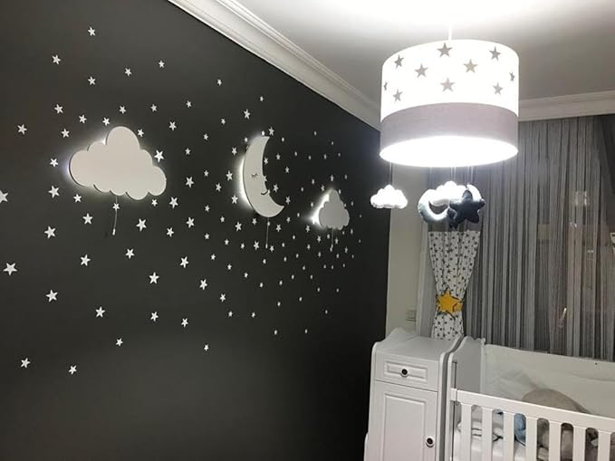 2X Cloud+1 Moon Wall Light, + Silver Star Stickers, Nursery Room Decor Wall Light Set of 3 Wooden Wall Light with LED, 100pcs Silver Star Wall Decals Gift!