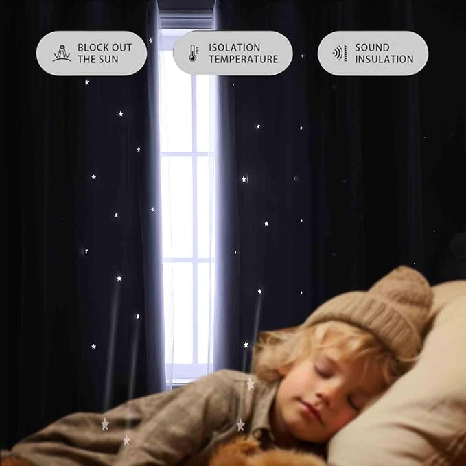 Anytime Romantic Kids Curtain,Hollow-Out Stars Window Curtain Double Layer Blackout Curtains for Girls Bedroom Kids Room 2Panel,(W52 x L72,Greyish White)