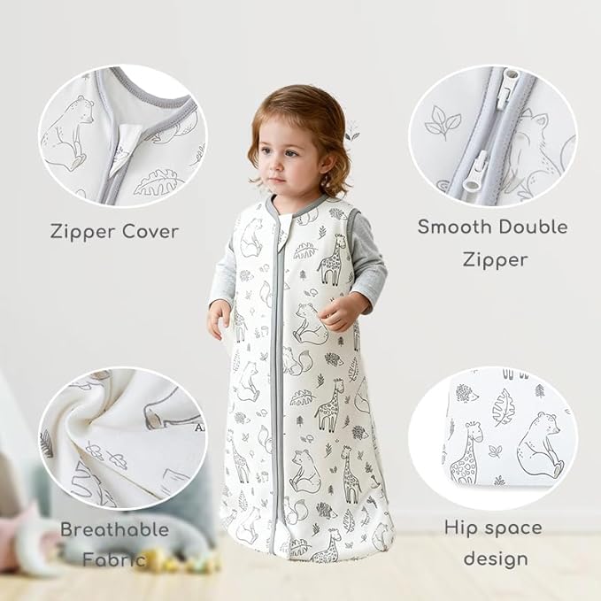 Baby Sleep Sack 12-18 Months 1.5 TOG, 2 Pack Bamboo Baby Wearable Blanket with 2-Way Zipper, Infant Toddler Sleeping Sack for Newborn Boys and Girls, Giraffe Bear