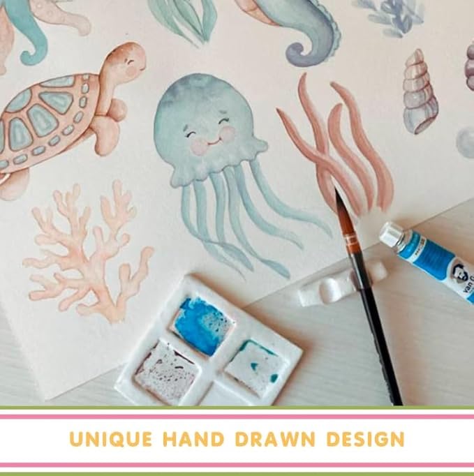 Under The Sea Wall Decals – Sea Life Stickers, Removable Wall Stickers, Watercolor Ocean Animals, Peel & Stick, for Nursery Baby Kids Bedroom Bathroom, X-Small Set (15" W x 10" H) 50 Pcs