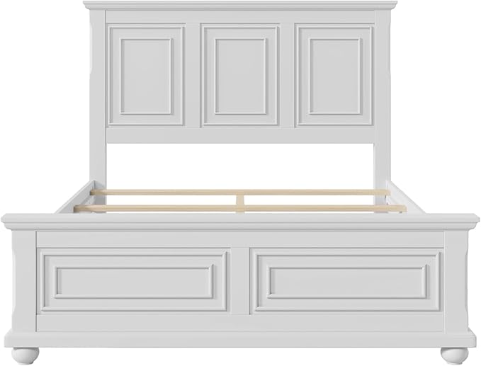 MERITLINE Vintage Farmhouse Bed Frame Queen,Solid Wood Mid Century Modern Rustic Bed Frame with Headboard and Footboard,No Box Spring Needed (White,Queen)