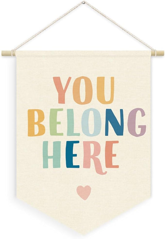 Welcome Sign for Boho Classroom, You Belong Here Inspirational Linen Canvas Banner, Classroom Must Haves, Schoolgirl Style Classroom Wall Hanging Pennant Flag Banner for Preschool Decor,15x11in