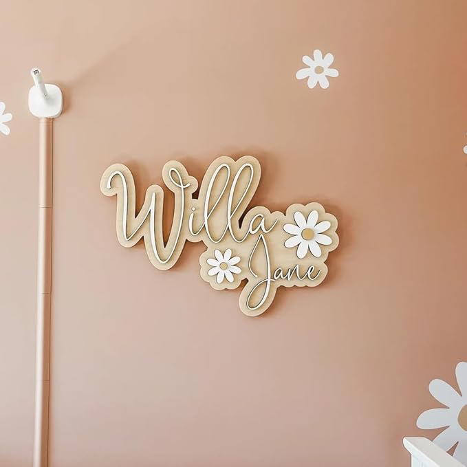 Personalized Nursery Name Sign, Custom Wooden Name Sign with Flowers, 3D Layered Wood Wall Decor for Baby Girl Room, Boho Floral Kids Room Name Plaque, 2 Layer /5