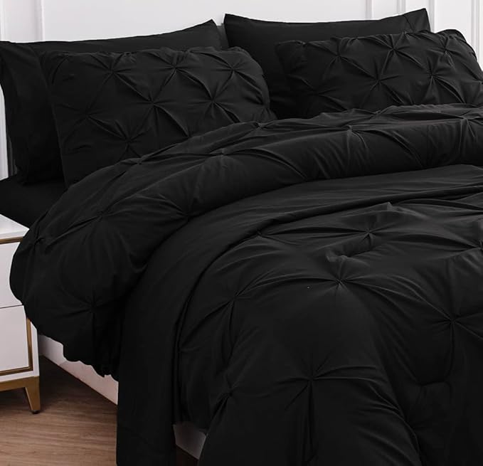 LANE LINEN Comforter Set - 7 Piece Complete Set Including Sheets, Pillowcases, Shams - Soft Premium King Size Bed in a Bag Set, Pintuck - Black