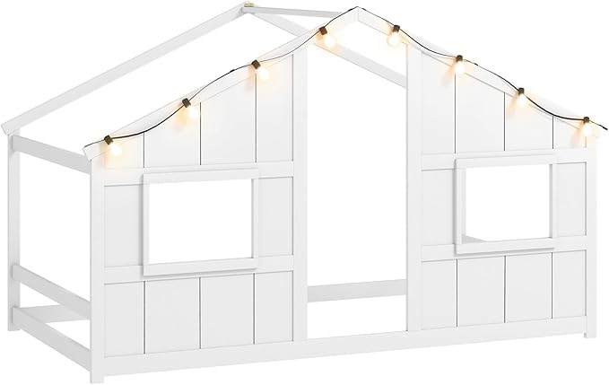 Twin Montessori Floor Bed with Roof, LED Light, Wood House Bed Frame with Headboard and 2 Windows, Low to Ground Cute Playhouse Bed for Kids, Girls, Boys, Without Slats (White)
