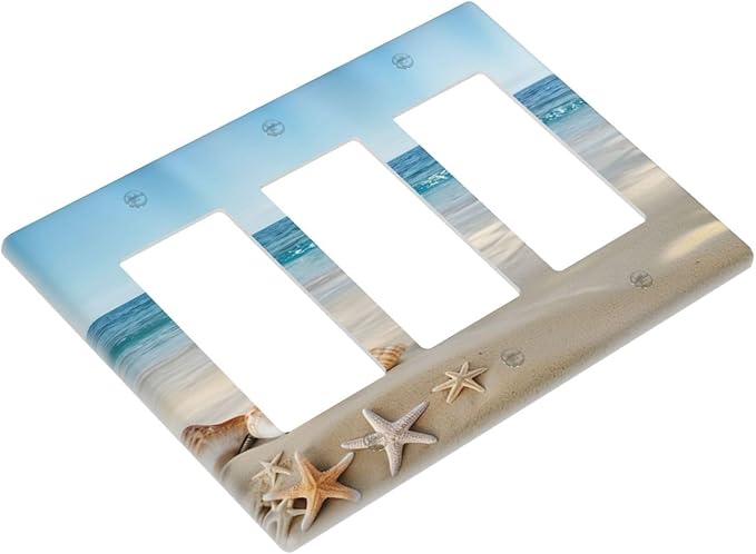 Decorative Light Switch Cover Plate Summer Beach Starfish Shells 3 Gang Switch Plate Covers Triple Rocker Wallplates GFCI Socket Cover Outlet Covers for Bathroom Home Decor