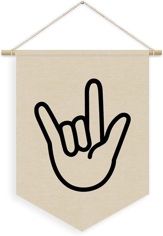 Kids Room Decor, Boy Nursery Linen Canvas Banner, I Love You Hand Sign Neutral Wall Hanging Pennant Flag Banner for Boys Kids Toddler Room Bedroom Playroom Decor, 15x11in