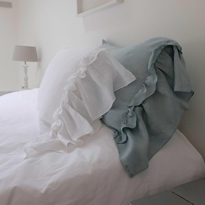 Ruffles Linen Pillowcase, Pure Flax Pillow Sham 100% French Linen Ruffled Pillow Cover, Standard, Queen, King Size 1 PCS (King, White)