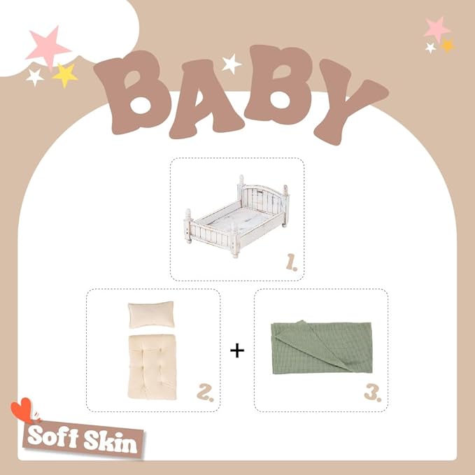 Kate Newborn Photography Props Retro Wooden Bed Posing Props Photoshoot Vintage Doll Bed with Mattress Pillow Bed Mat and Green Stretch Wrap for Baby Photography