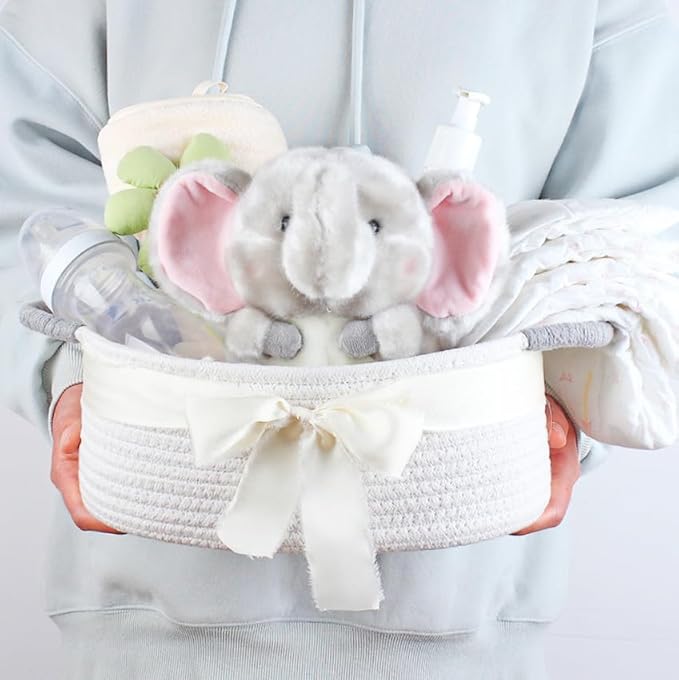 Yimi's Dream Basket for Gifting, Small Baskets for Shelves, White Cotton Rope Basket with Grey Handle for Decor, Baby Cat Dog Toy(Oval, 12"x 8"x 5")