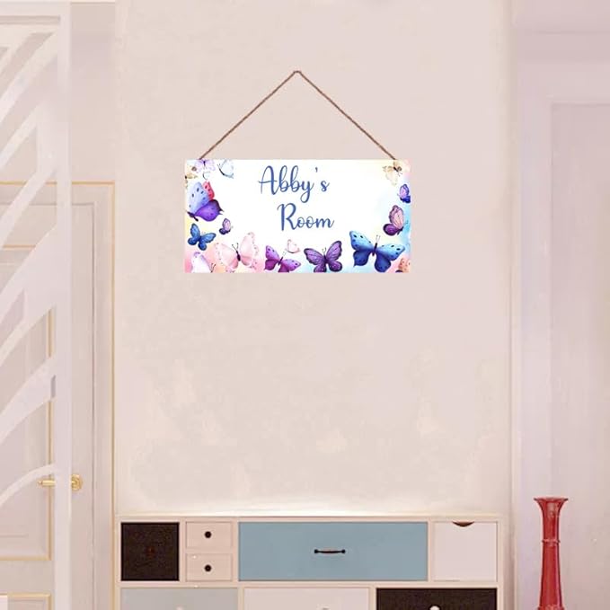Personalized Pink Purple Butterfly Sign For Girls Bedroom Baby Nursery Door Fantasy Flower Wood Plaque Hanging Wall Art Decor For Kids Room Little Man Cave