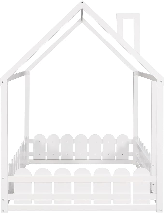 Bellemave Kids House Beds, Full Floor Bed with Fence Wood Cabin Bed Frame Can be Decorated for Teens, Girls, Boys, Adults, White