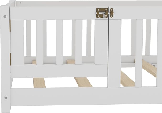 Harper & Bright Designs Twin Floor Bed Frame with Safety High Fence, Wood Montessori Bed with Door, Twin Size Floor Beds with Solid Wood Support Slats for Boys, Girls, Kids, White