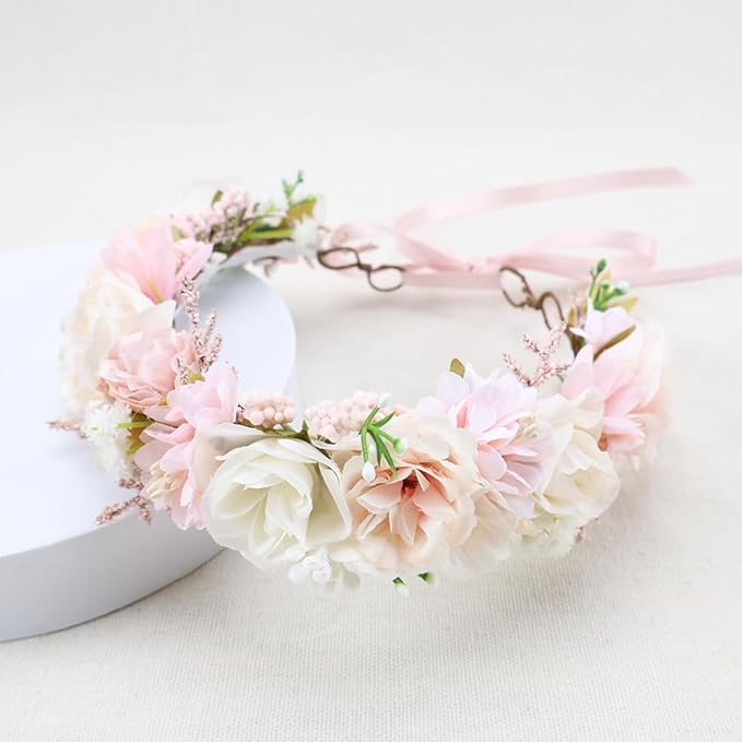 Flower Crown for Girls Birthday Party Children Floral Headpiece Kids Headband Wedding Holo Hair Accessories Photo Prop Soft Pink Headband