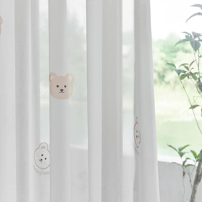 Cartoon Bears Kids Bedroom Sheer Curtains for Babys Room Living Room Grommet Top White Light-Filtering Print Bear Privacy Tulle Curtain for Nursery Baby Play Room 1 Panel (W55 L94 inch,White)