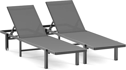 Ciokea Patio Chaise Lounge Chair Set of 2, Outdoor Lounge Chairs with Wheels, 5-Position Adjustable Sun Loungers for Pool, Deck, Beach,Grey