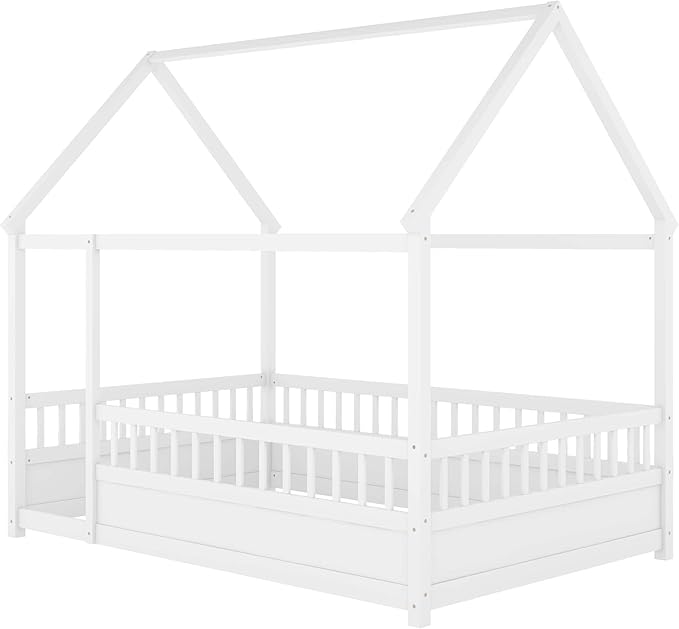 Full Size House Bed with High Fence for Kids,Full Floor Bed Frame, Kids Montessori Bed Full Size,Solid Wood House Bed Frame for Boys,Girls,White