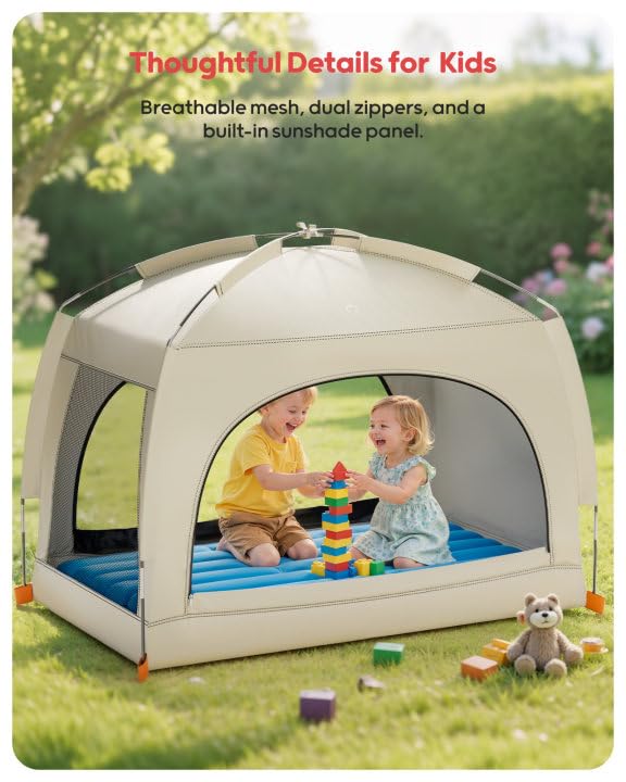 QPAU Inflatable Toddler Travel Bed with Tent – Lightweight Blow Up Kids Air Mattress with Hand Pump – Indoor & Outdoor Portable Sleeping Solution for Camping, Travel, Home, Grandma’s – Ages 3+