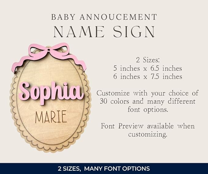Personalized Baby Announcement Sign with Bow, Custom 3D Layered Scalloped Edge Name & Birth Stat Board for Newborn Photos (Name Sign)