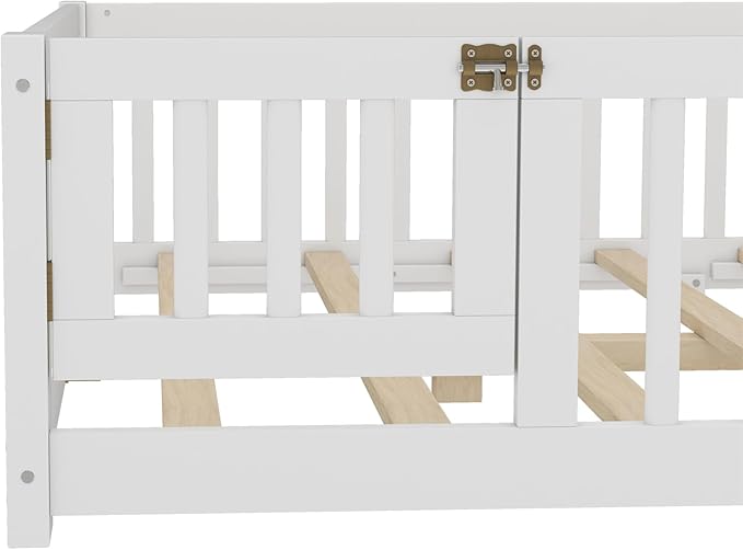 Ball & Cast Toddler Floor Bed Full Size W/Removed Slats,Montessori Bed for Toddlers W/Switched Door & Safety Guardrails,Low Profile Bed Frame for Girls & Boys,No Spring Box Required,White