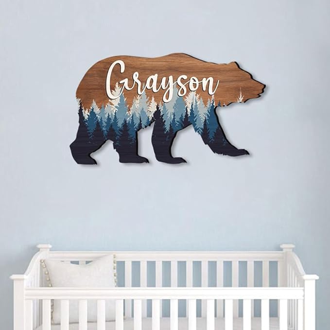 Personalized Baby name signs for nursery, for kids room Bear wooden nursery decor, Woodland animal decor, Baby boy forest themed gift/6
