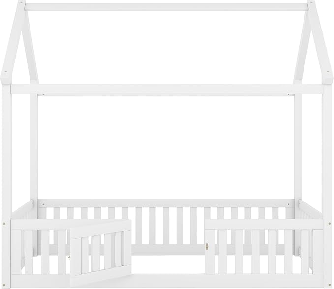 Bellemave Twin House Bed for Kids, Wooden Kids bedframe with Rails and roof, Montessori Floor beds, White with Door no slats