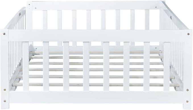 Twin Size Montessori Floor Bed with Wood Slats for Kids Bedroom,Wood Montessori Bed Frame with Safety Guardrails for Girls & Boys,Space Saving Design,White