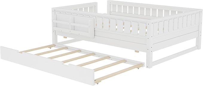 Bellemave Full Size Kids Bed with high Rails and with Built-in Bookshelf and Trundle for Kids, Girls, Boys, Wood Montessori Bed Without Door, White