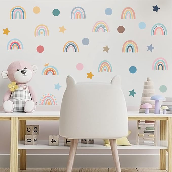 Bohemian Rainbow Wall Decals for Kids Room – 152 Pcs Removable Waterproof Pastel Vinyl Stickers with Rainbows, Stars, Dots | 8 Sheets Peel & Stick Wall Art for Bedroom, Playroom & Nursery(Style B)