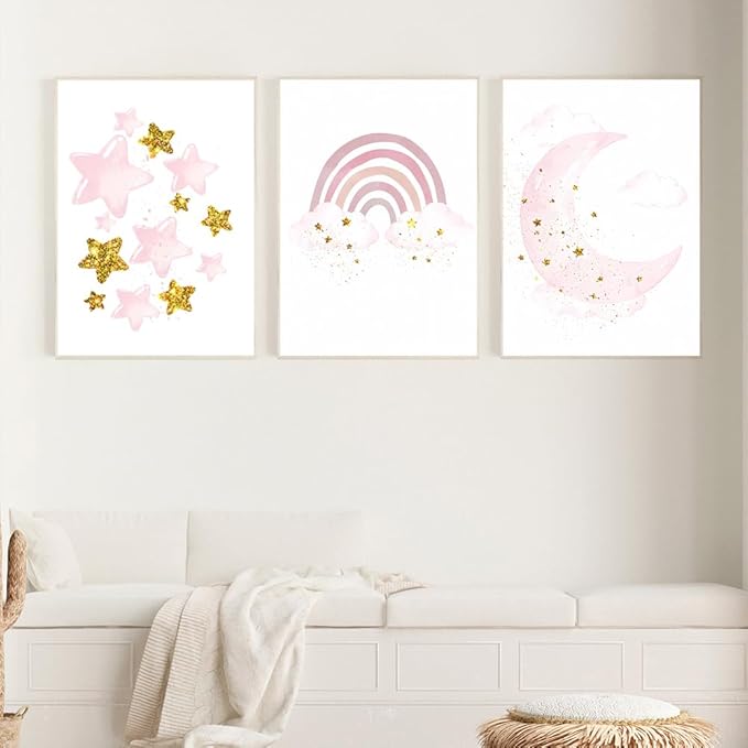 LUHDFYS Pink Moon and Stars Canvas Wall Art Print,Modern Cute Rainbow Picture,Unframed Children's Room Decor