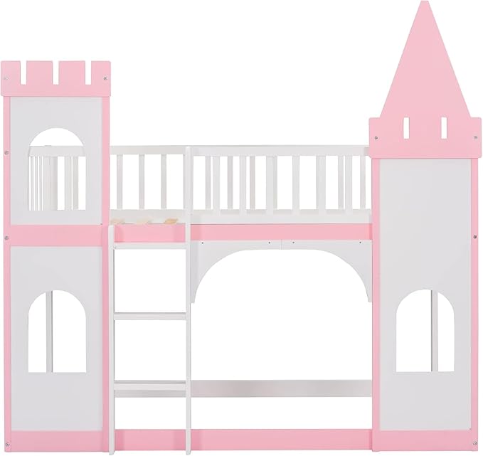 MERITLINE Twin Over Twin Castle Bunk Bed with Ladder,Solid Pine Wood Floor House Princess Bunk Bed Pink