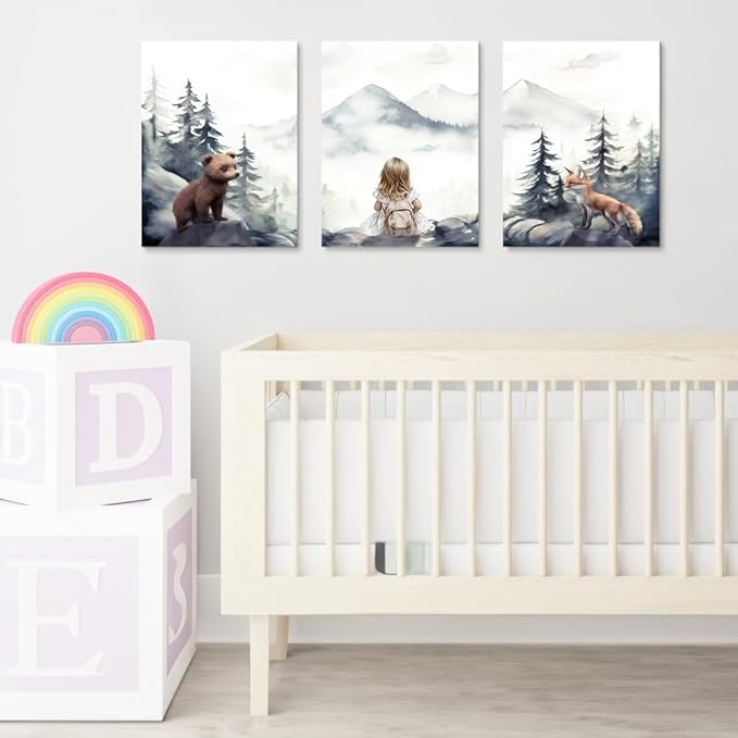Baby Girl With Animals Adventure Nursery Wall Art, Adventure Toddler Decor, Outdoor Woodland Nursery Wall Decor for Girl's Bedroom, Mountain Forest Landscape Kid Art Print, Framed Set of 3, 16"x24"x3