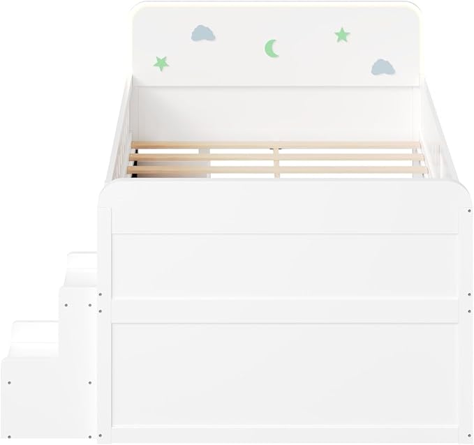 Full Size Platform Bed with Guardrail and 4 Drawers, Wooden Kids Platform Bed Frame with Two-Step Staircases and Light Strip for Boys Girls, Sturdy Slats Support (White-11A)