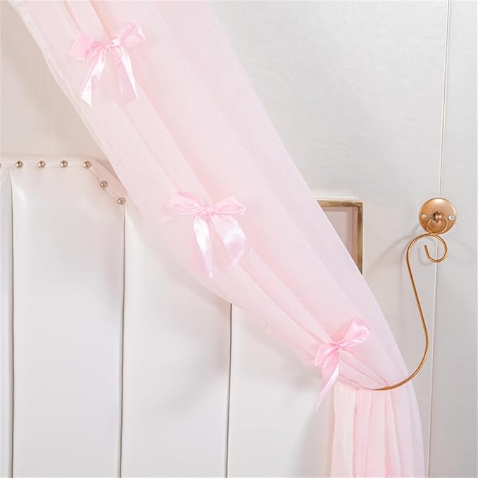 Lotus Karen Princess Bed Canopy Chiffon Girls Bed Curtain Decorative Drapery Metal Crown for Girls Cute Pink Bow-Knots Kids Bedding