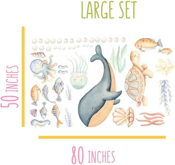 Under The Sea Wall Decals – Sea Life Stickers, Removable Wall Stickers, Watercolor Ocean Animals, Peel & Stick, for Nursery Baby Kids Bedroom Bathroom, Large Set (80" W x 50" H) 50 Pcs