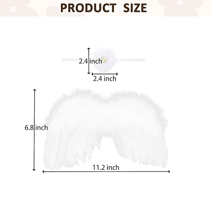 2PCS White Angel Wings With Pearl Chiffon Flower Headband For Newborn Infant Photography Props Soft Fairy Feather Wings For Toddlers Kids Girls Gifts(Color I, One Size)