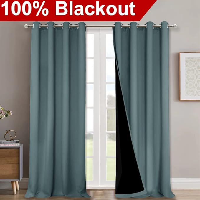 NICETOWN 100% Blackout Curtains for Windows, Pack of 2, Greyish Blue, 52" W x 120" L, Super Heavy-Duty Black Lined Total Darkness Drapes for Bedroom, Privacy Assured Window Treatment for Patio