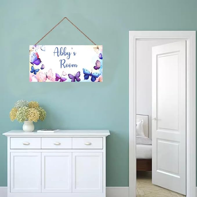 Personalized Pink Purple Butterfly Sign For Girls Bedroom Baby Nursery Door Fantasy Flower Wood Plaque Hanging Wall Art Decor For Kids Room Little Man Cave