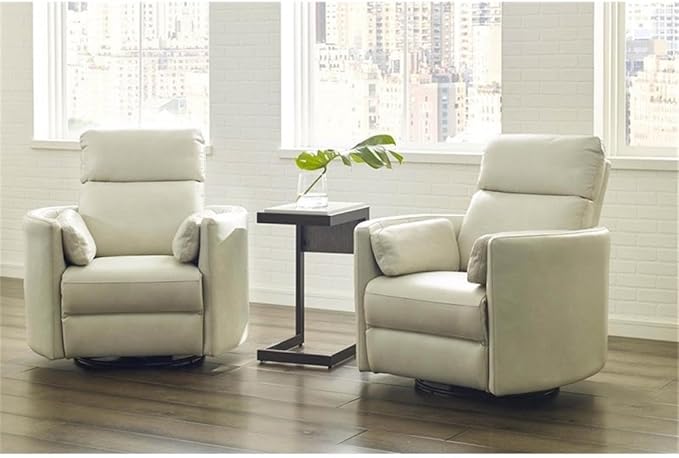 Pemberly Row Leather Power Cordless Swivel Glider Recliner in Ivory with USB Charging Ports and 2 Comfort Pillows for Living Room