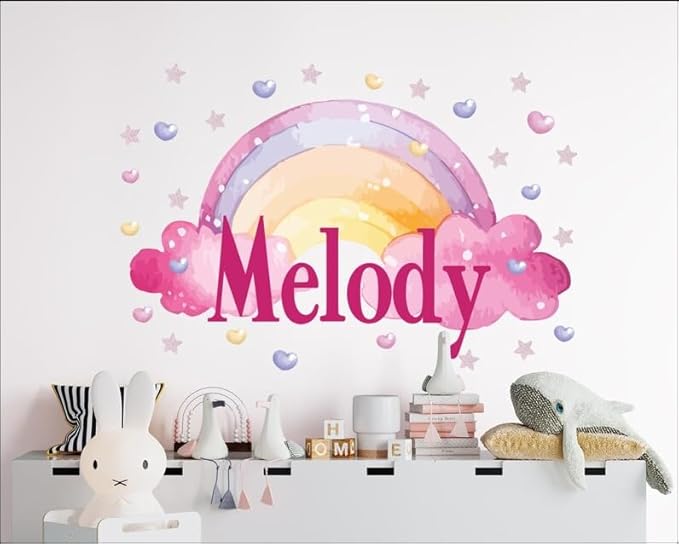 Rainbow Name Wall Decal for Kids Room – Personalized Name Wall Sticker for Nursery Bedroom Playroom – Custom Girl Room Decor with Rainbow Clouds Hearts and Stars – Baby Name Wall Art Vinyl Decal