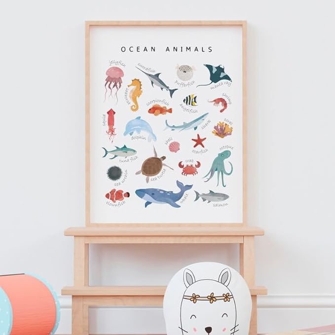 OZCONO Ocean Animals Learning Poster, Vibrant Sea Life Chart Kids, Preschool Wall Decor Art, Homeschool Education Guide (Unframed) (12x18)