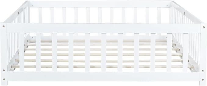 Full Size Montessori Floor Bed Frame with Convertible Door & Wood Slats for Kids,Wood Montessori Bed with Safety Guardrails for Girls & Boys,White