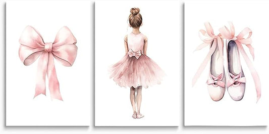 Set of 3 Baby Girl Pink Ballet Nursery Wall Art, Girl's Room Ballet Dancer Posters, Pink Bow Dancing Shoes, Girls Nursery Wall Decor, Toddlers Girl Bedroom Canvas Print, Framed 16"x24"