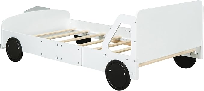 Full Size Car-Shaped Platform Bed with Wheels, Solid Wood Car Bed Frame with Strong Slatted Support for Kids Teens Boys Girls Bedroom, Fun Play Design Kids Floor Bed (White-WL55)