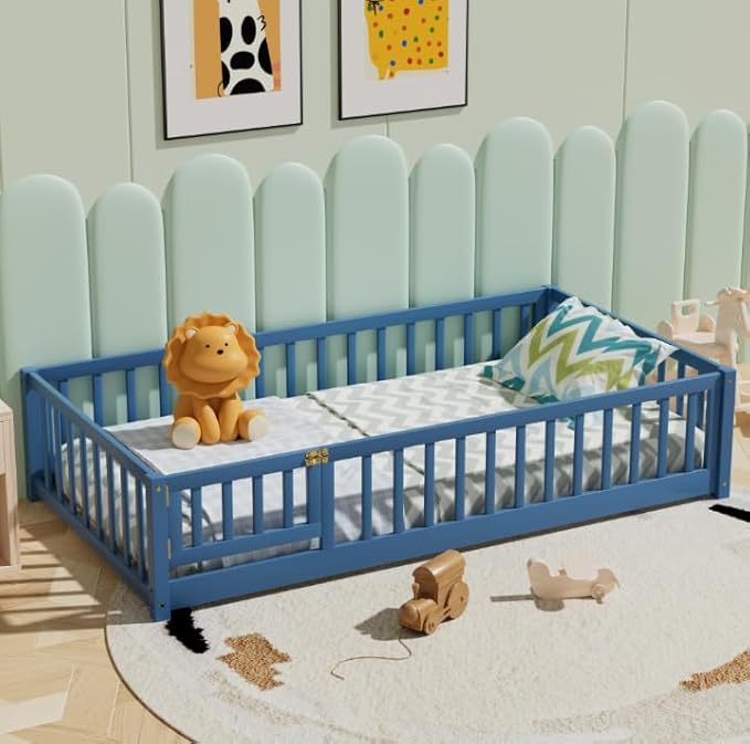 i-POOK Twin Floor Bed Frame with Wood Slats, High Fence & Small Door, Pinewood Montessori Floor Bed for Girls and Boys, Mist Blue