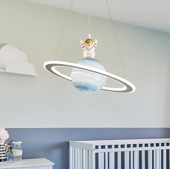 Astronaut Pendant Light with Glass Globe, Cute Planet Hanging Light Fixture, LED Cartoon Chandelier for Children's Bedroom Nursery